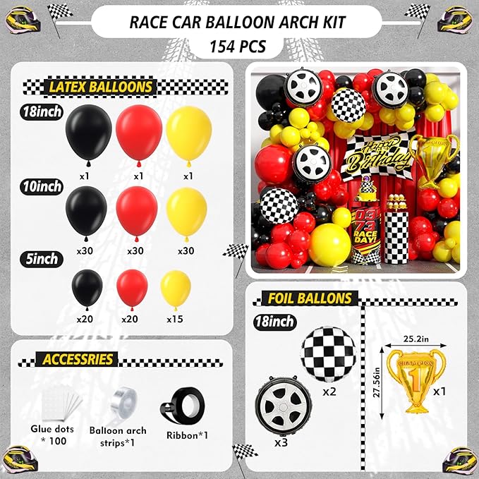 Race Car Balloon Arch Garland Kit, 154pcs Different Size Tire Flags Checkered Black Red Yellow Balloons Arch Kit for Racing Car Two Fast Theme Boy Birthday Anniversary Party Decorations