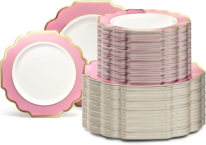 " OCCASIONS " 240 Plates Pack (120 Guests) Heavyweight Wedding Party Disposable Plastic Plates Set -120 x 10.5'' Dinner + 120 x 8'' Salad/Dessert Plate (Imperial in Light Pink & Gold)