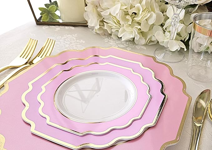 " OCCASIONS " 240 Plates Pack (120 Guests) Heavyweight Wedding Party Disposable Plastic Plates Set -120 x 10.5'' Dinner + 120 x 8'' Salad/Dessert Plate (Imperial in Light Pink & Gold)