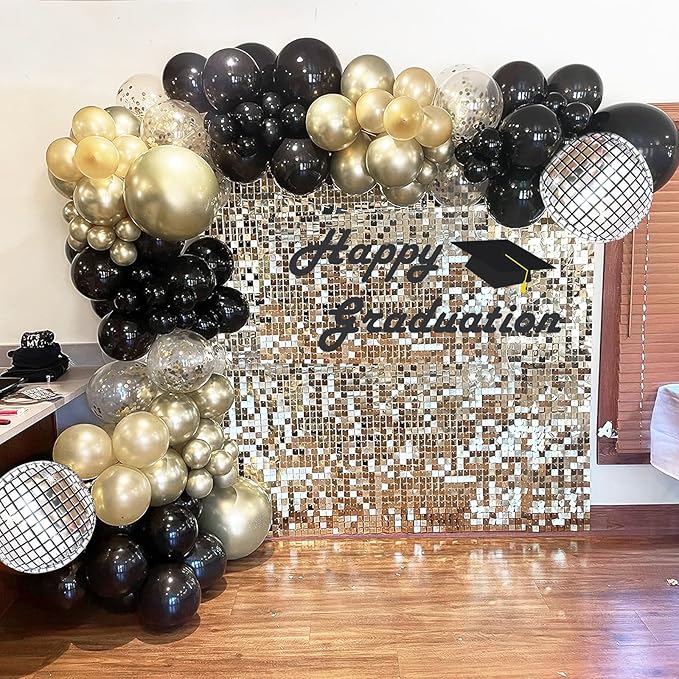 Black and Gold Balloons Garland Arch Kit, 18 12 10 5 Inch Black Metallic Gold Balloon Arch Kit, Champagne Gold Party Decorations with 4D Disco Balloon for Graduation Birthday Retirement New Year