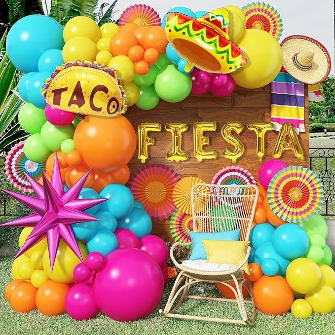 Fiesta Balloon Arch Kit, 100pcs Mexican Fiesta Party Decorations with Llama Sombrero Foil Balloons, Rainbow Balloon Garland for Cinco De Mayo Taco Twosday Birthday Carnival Party Decor Supplies