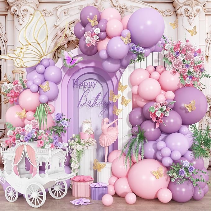 Purple Pink Balloons Garland Arch Kit, 109Pcs Butterfly Pink Balloons Garland Kit 18/10/5 Inch Light Pink Latex Balloons with 3D Butterfly Sticker for Girl Women Birthday Baby Shower