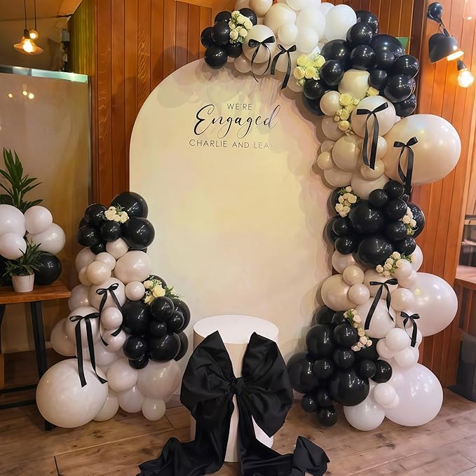 Black White Gold Balloon Garland Kit, 115Pc Beige Sand Black Cream Metallic Gold Balloon Arch Explosion Star Foil Balloons for Girls Women Birthday Bachelorette Graduation Coquette Party Decoration