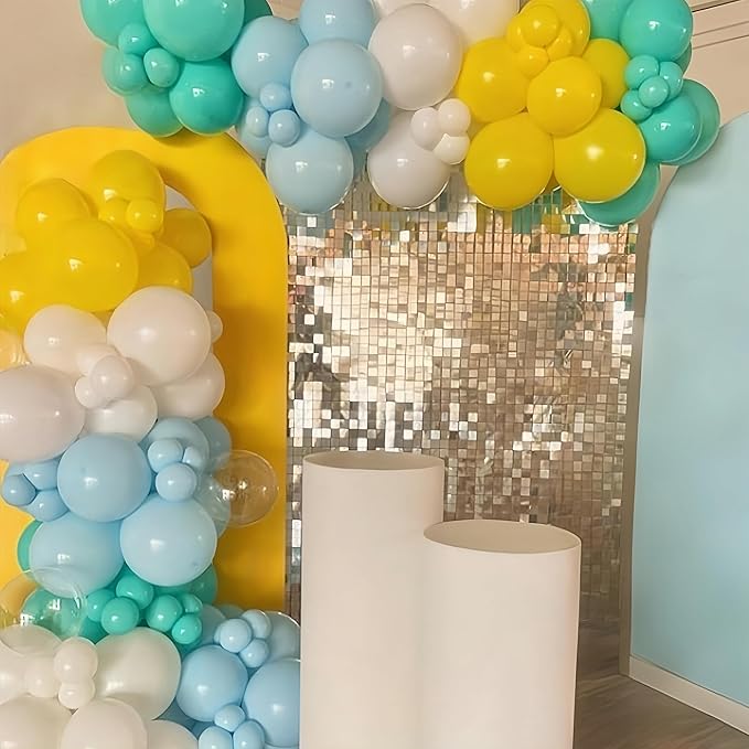 Blue Yellow Balloons Arch Garland Kit, 114Pcs Cartoon Style Light Blue Lemon Yellow Teal Green Latex Balloon Set with Long Balloon for Sea Theme Kids Birthdays Baby Shower Party Decorations