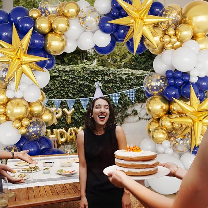 Navy Blue and Gold Balloons Arch Garland Kit with Explosion Star Balloons, 5/10/12/18 inch Navy Blue White and Gold Balloon for Anniversary Wedding New Year Birthday Party Decorations