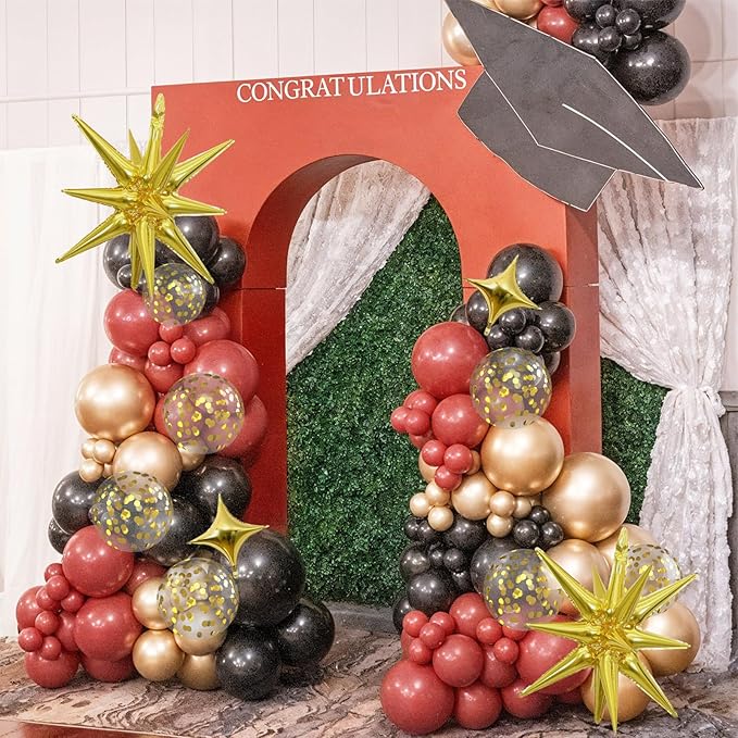 Black Burgundy Gold Balloons Arch Kit, Maroon Black Gold Balloons Arch Garland, 98Pcs Black Red Metallic Gold Balloons with Stars Balloon for Birthdays Retirement Graduation Celebrations Class of 2025