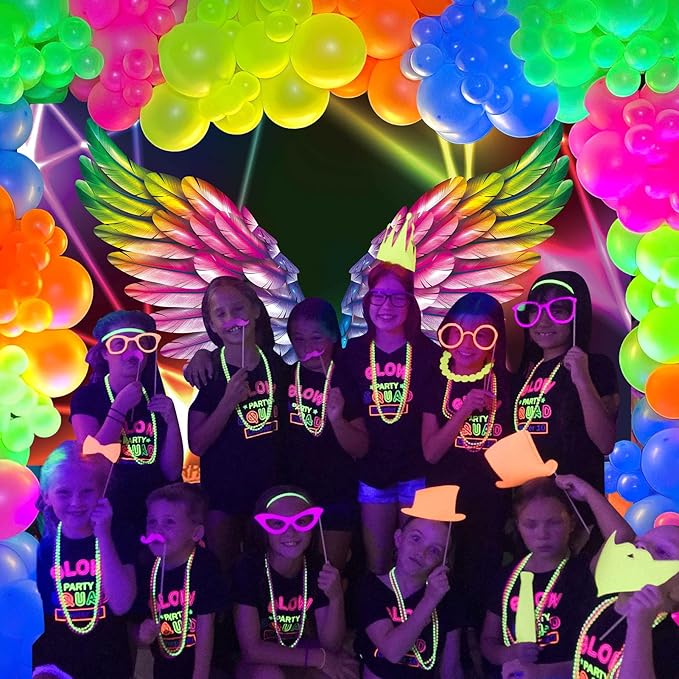 154 Neon Party Decorations Glow in the Dark Birthday Supplies Wings Backdrop Rainbow Balloon Garland Arch Kit Light Luminous Fluorescent Kids Teens Adult 80s 90s Disco Party Decor