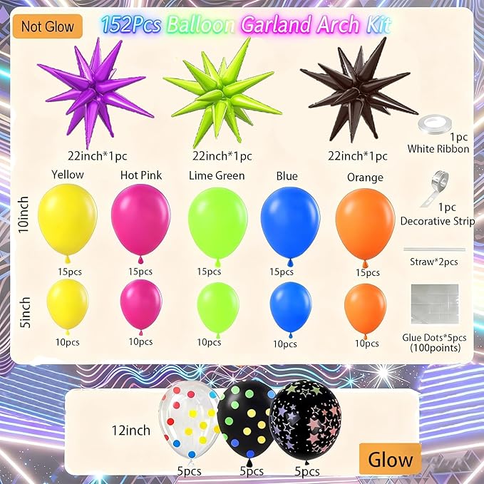 90s 80s Neon Balloon Arch Kit, 152pcs Disco Theme Party Decorations with Foil Star UV Neon Luminous Fluorescent Balloons for Back to 90s 80s Hip Hop/Disco Birthday Supplies, Rock Roll Party
