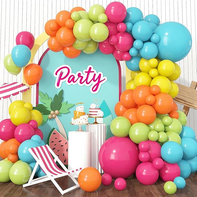 Rainbow Neon Balloon Arch Kit, Colorful Balloons Arch Hot Pink Fruit Green Teal Orange Yellow Assorted Color Latex Balloons Kit for Summer Pool Tropical Theme Carnival Kids Birthday Party Decorations