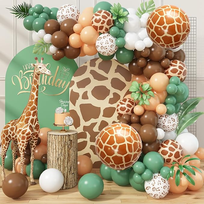 Jungle Safari Balloon Garland Arch Kit, 118pcs Sage Green Brown Balloons Arch Animal Print Latex Balloons with 4D Giraffe Foil Balloons for Tropical Wild Theme Boys Birthday Baby Shower Wedding