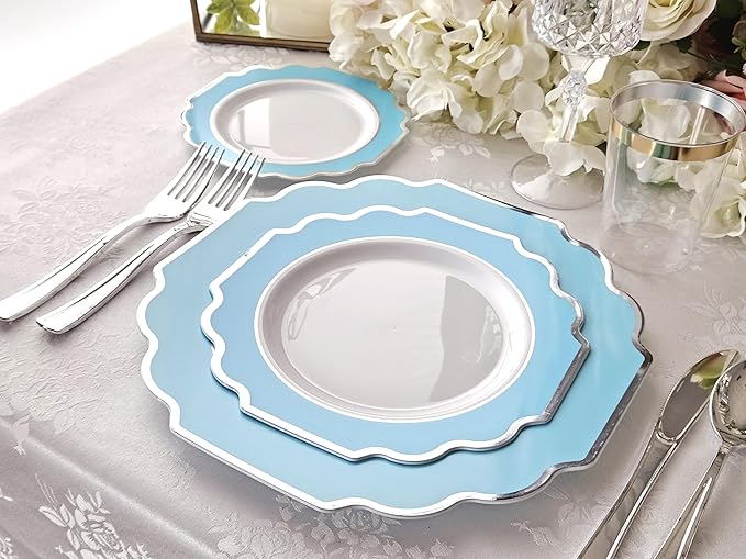 " OCCASIONS " 50 Plates Pack (25 Guests)-Heavyweight Wedding Party Disposable Plastic Plate Set -(25x10.5'' Dinner + 25x8'' Salad/dessert (Imperial Aqua & Silver)