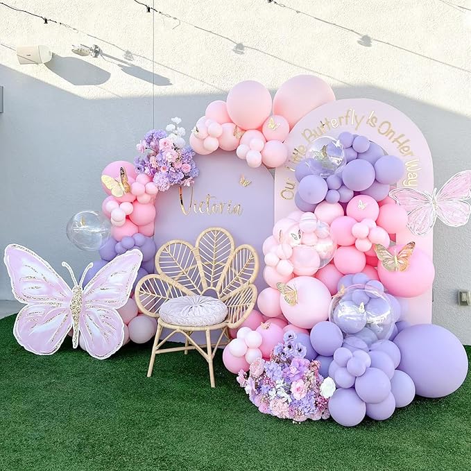 Purple Pink Balloons Garland Arch Kit, 109Pcs Butterfly Pink Balloons Garland Kit 18/10/5 Inch Light Pink Latex Balloons with 3D Butterfly Sticker for Girl Women Birthday Baby Shower