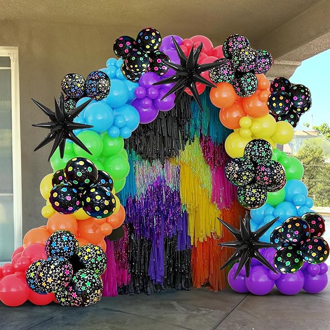 166pcs Rainbow Balloon Arch With UV Neon Balloons Glow In The Dark Party Supplies Cool Colorful Fiesta Balloons For Back To 80s 90s, Disco, Lets Glow Party Pack, Pool Birthday, Dance Party Decorations