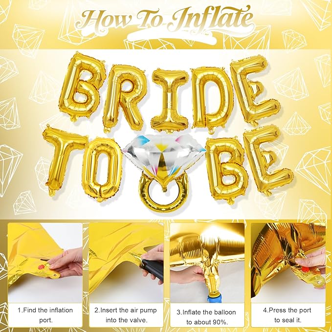 Bachelorette Party Decorations, Gold Bride To Be Bridal Shower Letter Balloons Banner with Engagement Diamond Ring Mylar Foil Balloon for Wedding Photo Booth Hen Night Room Party Decor