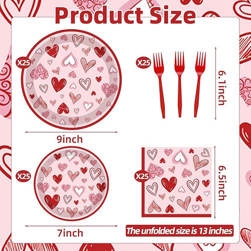 100 Pcs Valentine’s Day Heart Tableware Party Supplies Set, Serves 25 – Disposable Pink & Red Heart Paper Plates, Napkins, and Forks for Romantic Dinner, Bridal Shower, Love-Themed Party Decorations