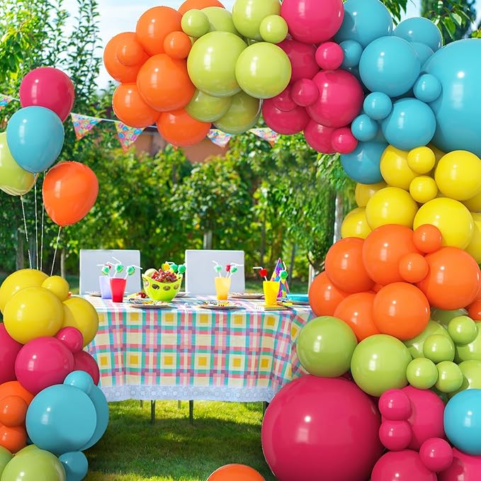Rainbow Neon Balloon Arch Kit, Colorful Balloons Arch Hot Pink Fruit Green Teal Orange Yellow Assorted Color Latex Balloons Kit for Summer Pool Tropical Theme Carnival Kids Birthday Party Decorations