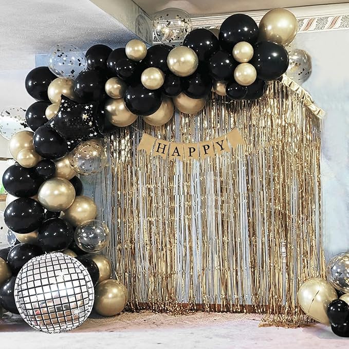 Black and Gold Balloons Garland Arch Kit, 18 12 10 5 Inch Black Metallic Gold Balloon Arch Kit, Champagne Gold Party Decorations with 4D Disco Balloon for Graduation Birthday Retirement New Year