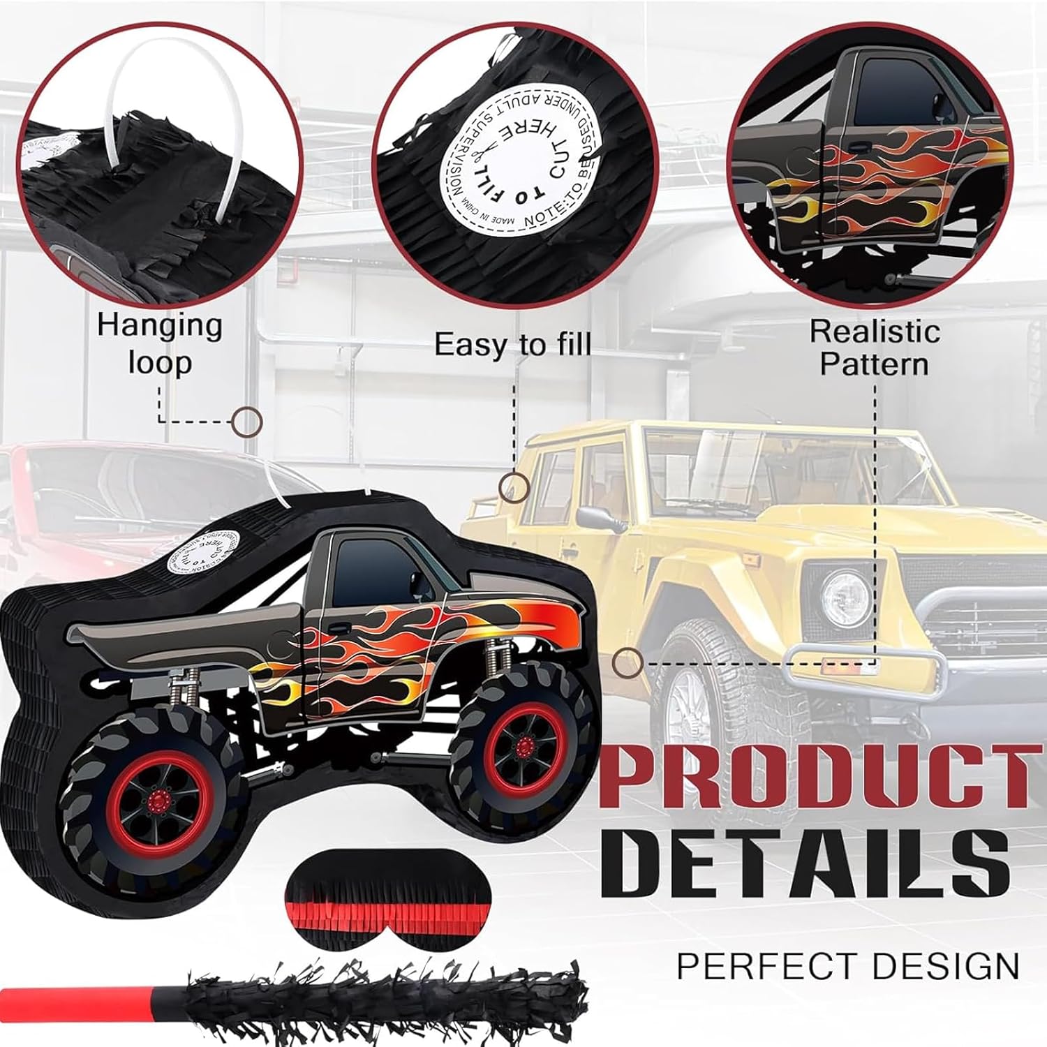 Car Pinata with Stick & Hanging Loop Mexican Pinata Game for Boy Truck Party Decorations Car Theme Birthday Carnival Party Supplies