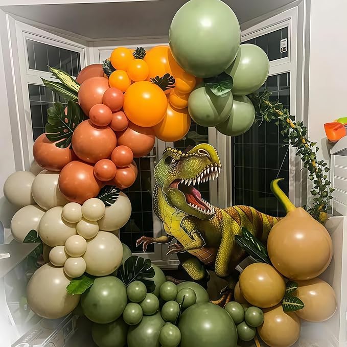 113 PCS Dinosaur Balloons Garland Arch Kit, Sage Green Orange Brown Balloons Arch Kit for Kids, Dinosaur Themed Birthday Party Decorations for Jungle Safari Dino Birthday Baby Shower Party Supplies