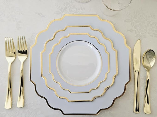 " OCCASIONS " 240 Plates Pack (120 Guests) Heavyweight Wedding Party Disposable Plastic Plates Set -120 x 10.5'' Dinner + 120 x 8'' Salad/Dessert Plate (Imperial in White/Blue & Gold)