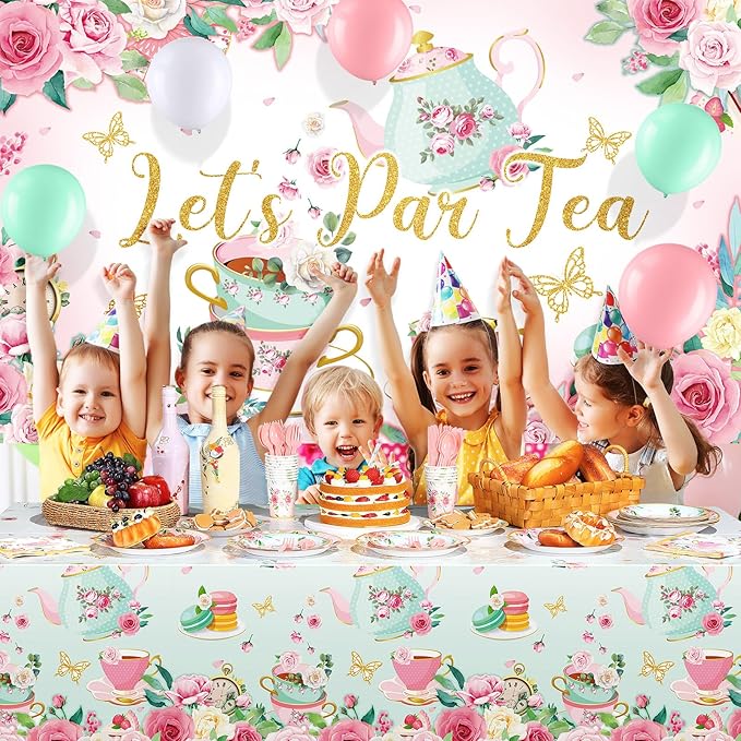 Havawish 165 Pcs Floral Tea Party Decorations Birthday Supplies Girls Women Tea Party Backdrop Tablecloth Balloon Birthday Paper Plate Napkin Tableware Set Disposable for Lets Partea Baby Shower