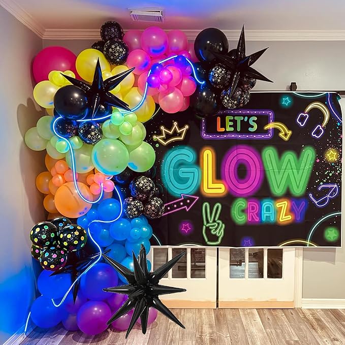 166pcs Rainbow Balloon Arch With UV Neon Balloons Glow In The Dark Party Supplies Cool Colorful Fiesta Balloons For Back To 80s 90s, Disco, Lets Glow Party Pack, Pool Birthday, Dance Party Decorations