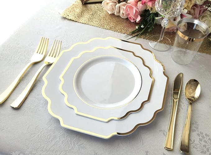 " OCCASIONS " 120 Plates Pack,(60 Guests) Heavyweight Wedding Party Disposable Plastic Plates Set -60 x 10.5'' Dinner + 60 x 8'' Salad/Dessert Plate (Imperial White & Gold)
