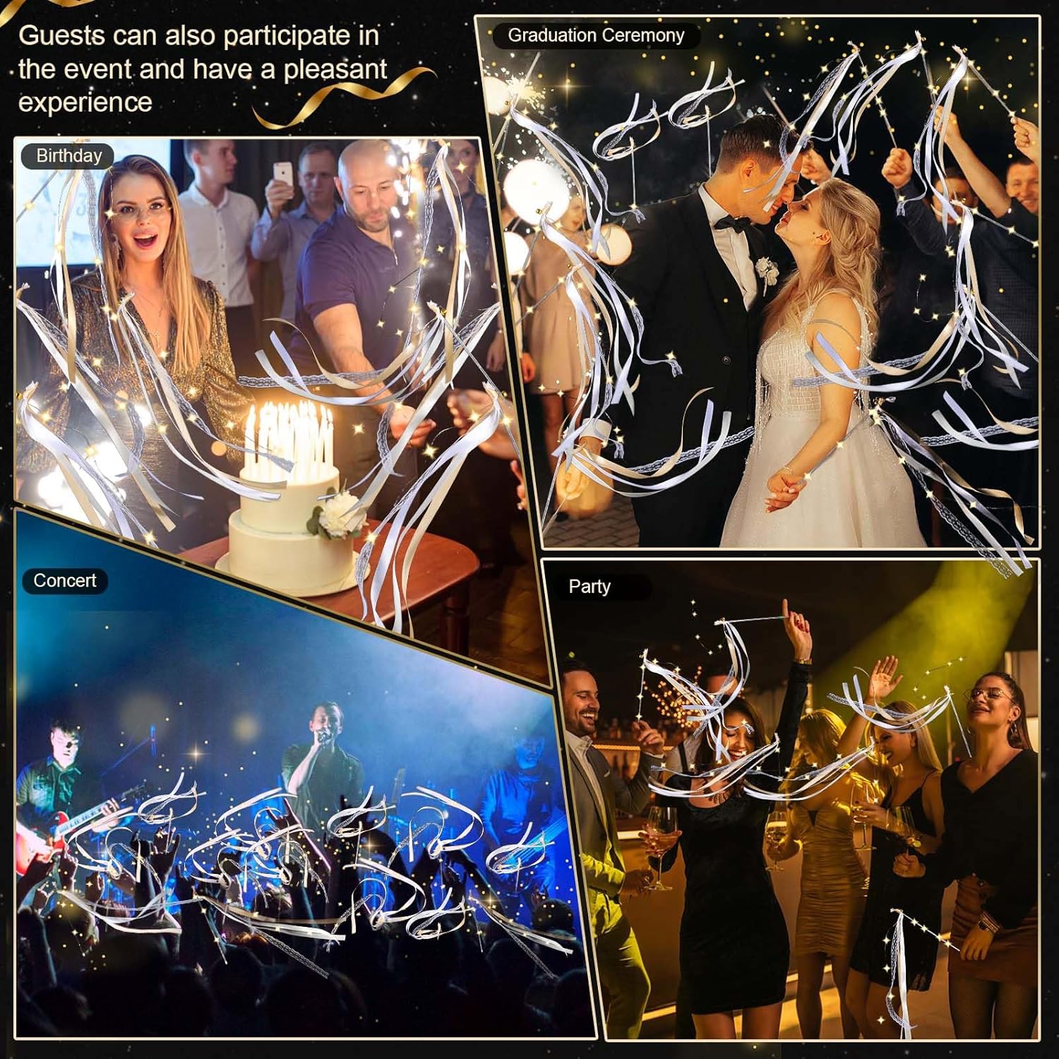 100 Pcs Wedding Wands Ribbon Streamers with 3 Colorful Flashing Modes, Light up LED Silk Fairy Wands, Glow Lace Stick with Bells for Wedding Reception, Graduation, New Year, Birthday Party (Champagne)