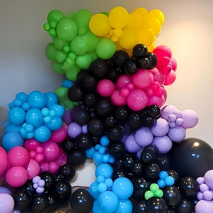 80s 90s Theme Party Decorations, Neon Rainbow Balloon Garland Arch Kit Colorful Balloons with Black Hot Pink Explosion Star Balloon Disco Ball Foil Balloons for Back to 80s 90s Hip Hop Birthday Party