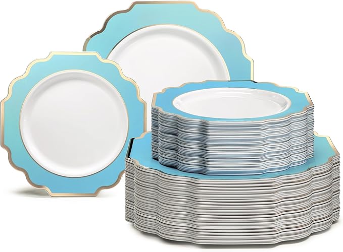 " OCCASIONS " 120 Plates Pack,(60 Guests) Heavyweight Wedding Party Disposable Plastic Plates -60 x 10.5'' Dinner + 60 x 8'' Salad/Dessert Plate (Imperial Aqua/Gold))