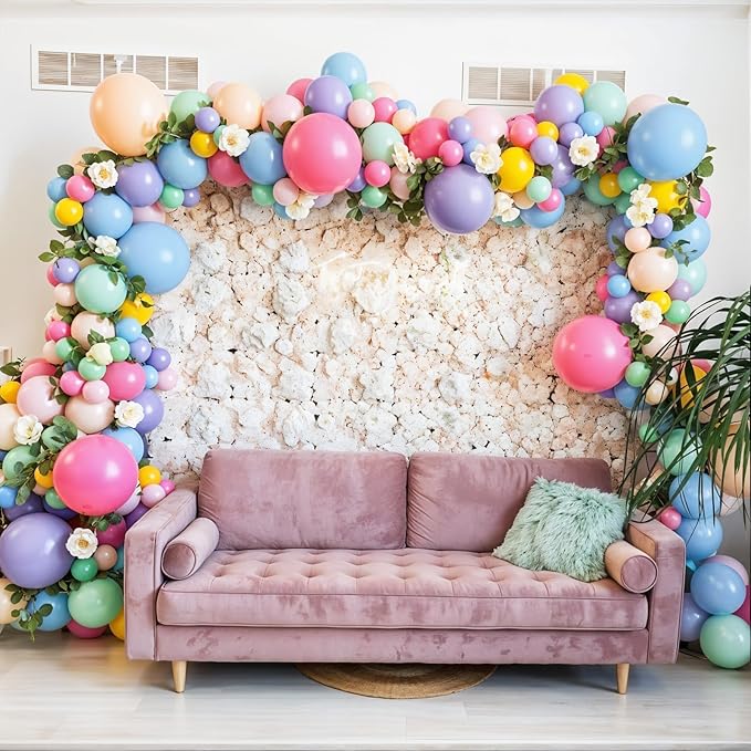 Flower Balloon Arch Kit, 122Pcs Hot Pink Pastel Blue Dusty Green Macaron Orange Lavender Purple Yellow Matte Balloons for Girls Easter Floral-themed Party Boho Baby Shower Wedding Birthday Decorations