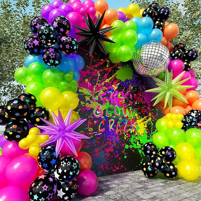 200Pcs Neon Balloons Arch Garland Kit with Glow in the Dark Balloons, Neon Balloons Arch Kit for Back to 80s 90s DISCO Birthday Party Decorations, Let's Glow Party, Rock Roll Party Supplies