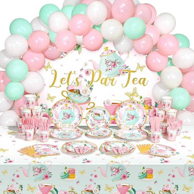 Havawish 165 Pcs Floral Tea Party Decorations Birthday Supplies Girls Women Tea Party Backdrop Tablecloth Balloon Birthday Paper Plate Napkin Tableware Set Disposable for Lets Partea Baby Shower
