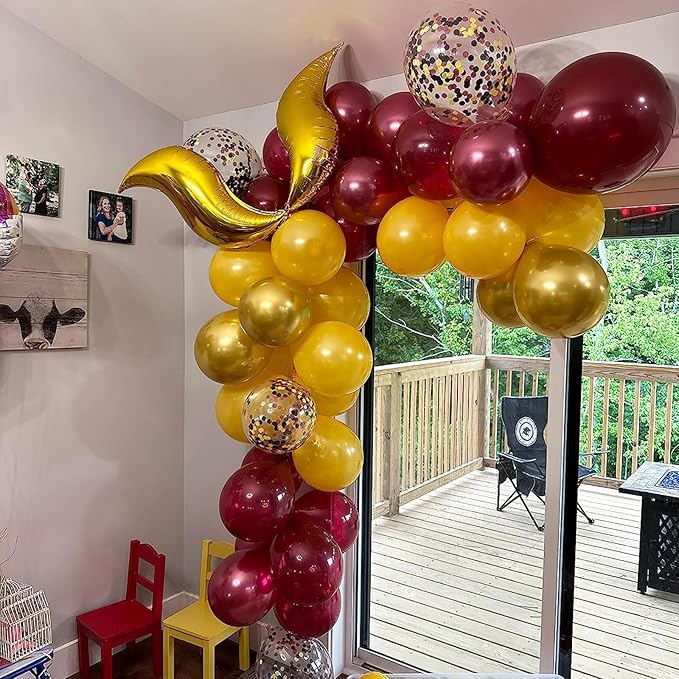 Magic Wizard School Party Decorations, Burgundy Yellow Gold Confetti Harry Magic Fall Balloon Garland Kit, Dark Wine Red Maroon Yellow Potter Balloon Arch for Kid Autumn Birthday Theme Party Supplies