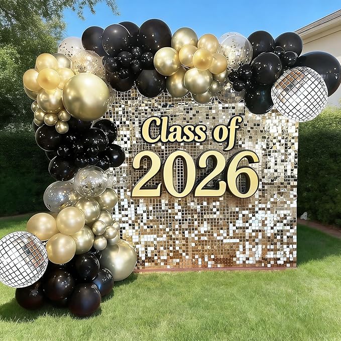 Black and Gold Balloons Garland Arch Kit, 18 12 10 5 Inch Black Metallic Gold Balloon Arch Kit, Champagne Gold Party Decorations with 4D Disco Balloon for Graduation Birthday Retirement New Year