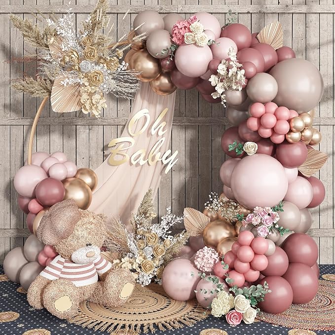 Dusty Rose Pink Balloons Garland Kit, Retro Pink Beige Nude Metallic Rose Gold Boho Balloon Arch Kit, Blush Pink Tan Latex Balloon for Women Girl Birthday Wedding Baby Bridal Shower Party Decorations