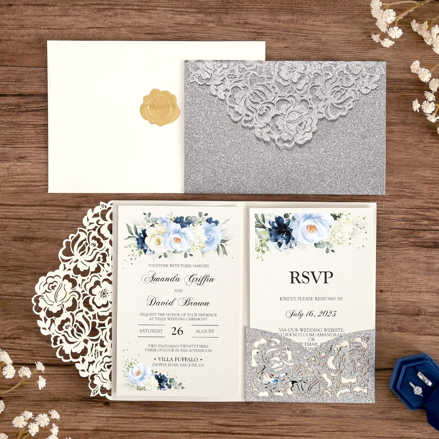 DORIS HOME 50pcs Laser Cut Wedding Invitations with Envelopes and RSVP Cards Silver Glitter, 4.7x7.1 Personalized Invitation Cards for Wedding, Anniversary Invitations with Envelopes