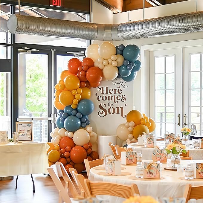 Here Comes the Son Balloon Arch Kit, 128pcs Retro Blue and Yellow Balloons Garland kit, Slate Blue and Beige Balloon for kids Baby Shower Gender Reveal Birthday Boho Anniversary Party Decoration