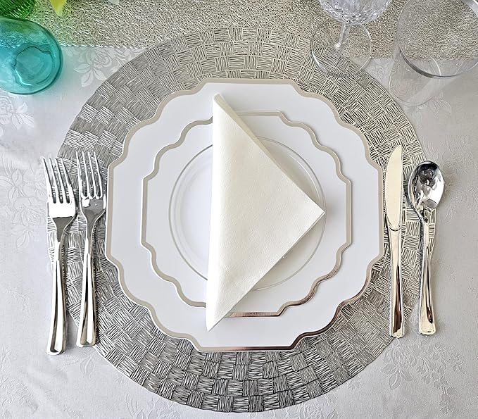 " OCCASIONS " 120 Plates Pack,(60 Guests) Heavyweight Wedding Party Disposable Plastic Plates Set -60 x 10.5'' Dinner + 60 x 8'' Salad/Dessert Plate (Imperial in White & Silver Rim)