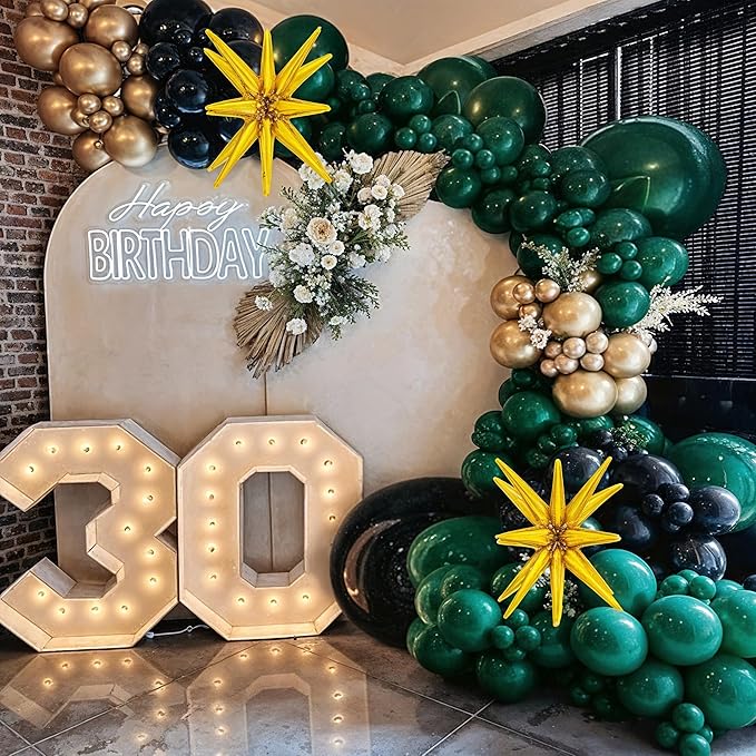 Dark Green and Black Balloon Arch Kit with Explosion Star Balloons, 123pcs Emerald Green and Confetti Gold Balloon Garland for Birthday Anniversary Bachelorette Grad Wedding New Year Party Decoration