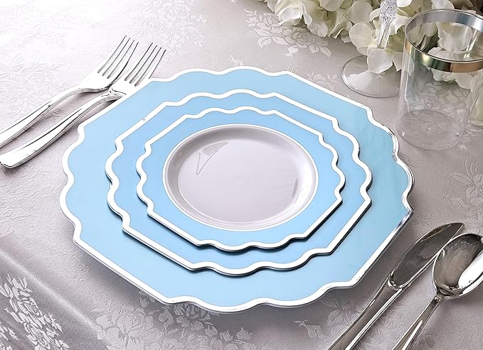 " OCCASIONS " 240 Plates Pack (120 Guests) Heavyweight Wedding Party Disposable Plastic Plates-120x10.5'' Dinner + 120x8'' Appetizer Plate (Imperial Aqua & Silver)