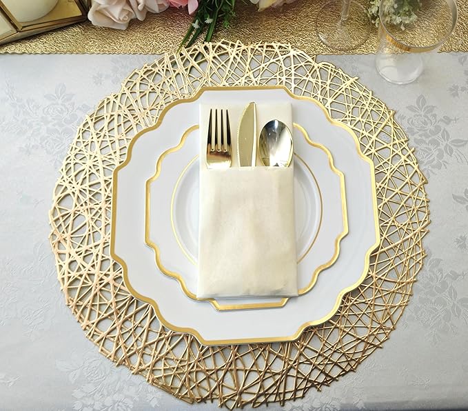 " OCCASIONS " 240 Plates Pack (120 Guests) Heavyweight Wedding Party Disposable Plastic Plates Set -120 x 10.5'' Dinner + 120 x 8'' Salad/Dessert Plate (Imperial White & Gold)