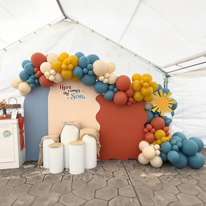 Here Comes the Son Balloon Arch Kit, 128pcs Retro Blue and Yellow Balloons Garland kit, Slate Blue and Beige Balloon for kids Baby Shower Gender Reveal Birthday Boho Anniversary Party Decoration