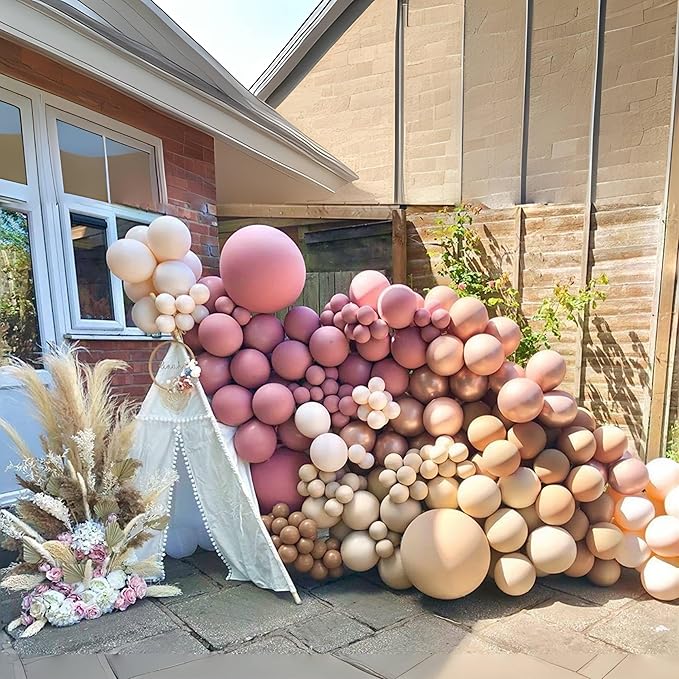 Dusty Rose Pink Balloons Garland Kit, Retro Pink Beige Nude Metallic Rose Gold Boho Balloon Arch Kit, Blush Pink Tan Latex Balloon for Women Girl Birthday Wedding Baby Bridal Shower Party Decorations