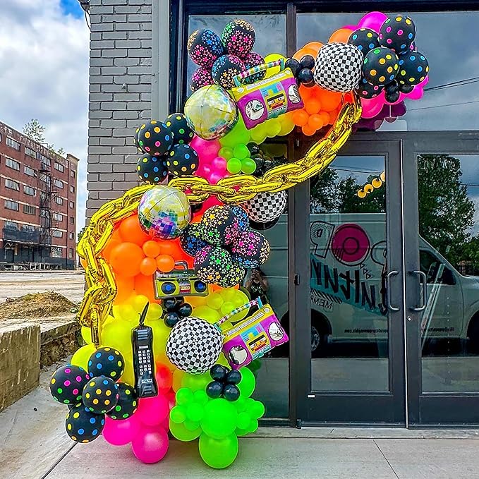 175Pcs Neon Balloons Arch Garland Kit, Glow in the Dark Balloons (Rainbow Star Dot) for Back to 80s 90s DISCO Birthday Party Decorations, Fiesta, Let's Glow Party, Rock Roll Party Supplies