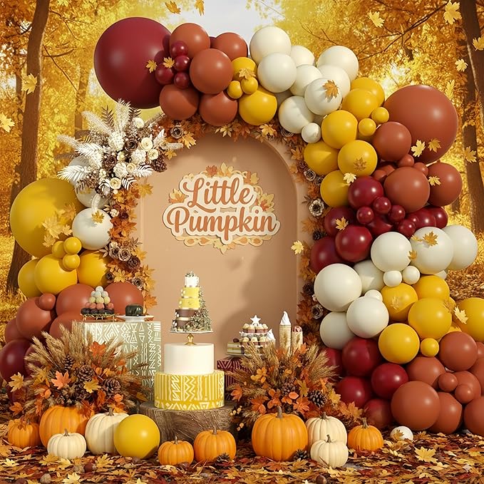 129PCS Fall Color Theme Balloon Arch Kit, Burgundy Red Maroon Burnt Orange Mustard Yellow Beige Autumn Balloon Garland for Thanksgiving Safari Birthday Harvest Baby Shower Wildlife Party Decorations