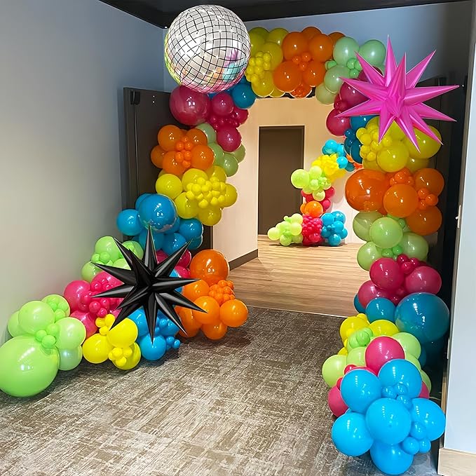 80s 90s Theme Party Decorations, Neon Rainbow Balloon Garland Arch Kit Colorful Balloons with Black Hot Pink Explosion Star Balloon Disco Ball Foil Balloons for Back to 80s 90s Hip Hop Birthday Party