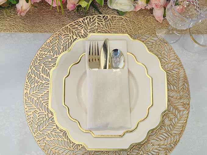 " OCCASIONS " 240 Plates Pack (120 Guests) Heavyweight Wedding Party Disposable Plastic Plates Set -120 x 10.5'' Dinner + 120 x 8'' Salad/Dessert Plate (Imperial Ivory & Gold)