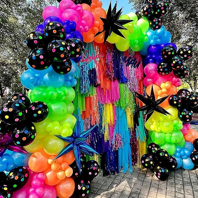175Pcs Neon Balloons Arch Garland Kit, Glow in the Dark Balloons (Rainbow Star Dot) for Back to 80s 90s DISCO Birthday Party Decorations, Fiesta, Let's Glow Party, Rock Roll Party Supplies
