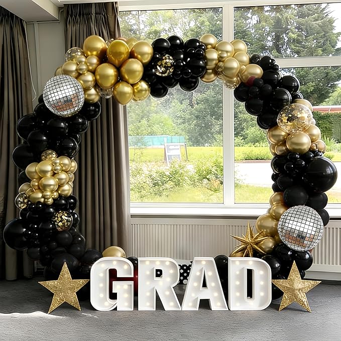 Black and Gold Balloons Garland Arch Kit, 18 12 10 5 Inch Black Metallic Gold Balloon Arch Kit, Champagne Gold Party Decorations with 4D Disco Balloon for Graduation Birthday Retirement New Year